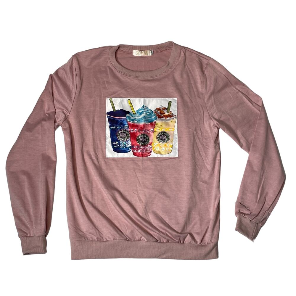 STARBUCKS Sweatshirt Women's S/M Pink Graphic Print Coffee Lover Beaded Pullover